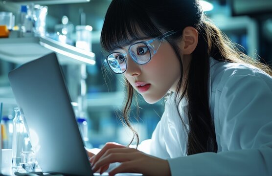Female scientist working with laptop in modern medical laboratory setting - Powered by Adobe