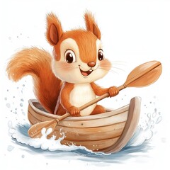 Cute cartoon squirrel in wooden boat paddling on water adventure