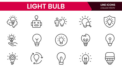 Light bulb idea line icons. Vector electric energy lamps and lightbulbs isolated outline symbols for creative solution, idea, innovation and inspiration concept.