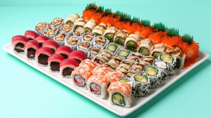 Naklejka premium A fresh sushi platter arranged neatly on a white ceramic plate with a soft pastel blue background