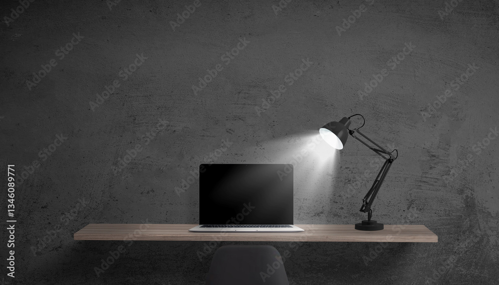 Poster Dark workspace with laptop illuminated by desk lamp, blank screen ready for web or app promotion, black wall in the background for branding text
