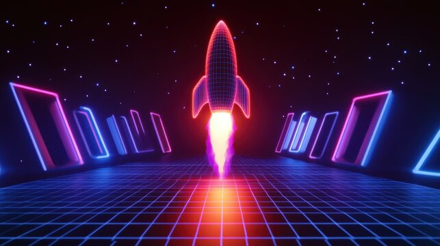 A glowing wireframe rocket launching against a cyberpunk-inspired neon grid