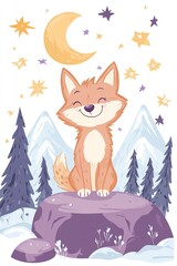 Cute fox in winter wonderland with moon and stars in background