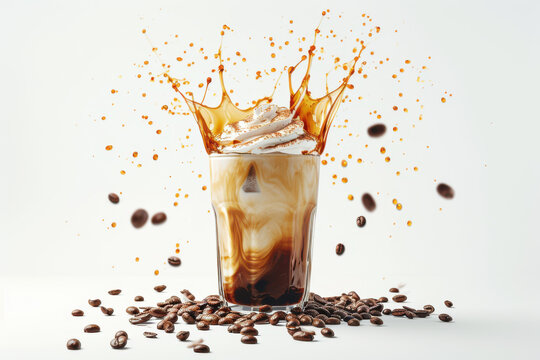 Iced coffee with cream and coffee with splash beans on a white background JPG by Generative A.I.