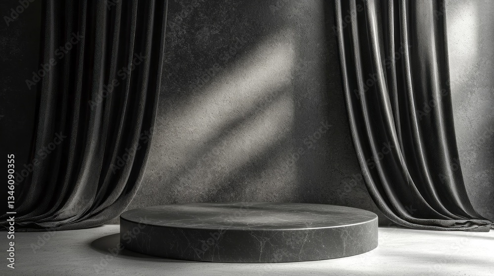 Poster A minimalist stage displays a round marble platform surrounded by soft black curtains, creating an atmospheric environment. Sunlight filters through, enhancing the mood with shadows
