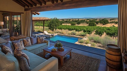 Obraz premium A luxurious living room overlooking a beautiful vineyard landscape outdoors