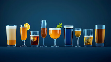 Variety Of Pixelated Drinks In Different Glasses On Dark Blue Background