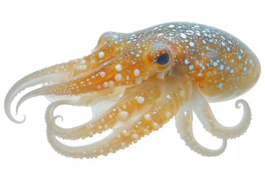 PNG cut out isolated background. A close-up of a fresh squid with curled tentacles and a speckled, semi-transparent body.