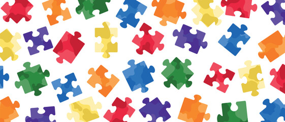 Naklejka premium Jigsaw puzzle pieces colorful background. Hand drawn vector illustration in flat style. Autism spectrum disorder world awareness day. Team building, strategy, business, board game banner