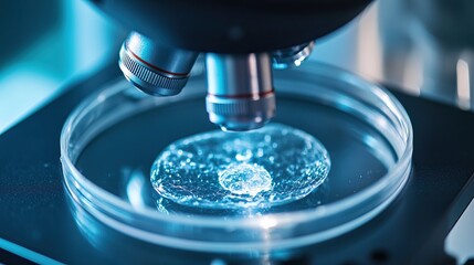 Close-up of cell sample under microscope in laboratory setting