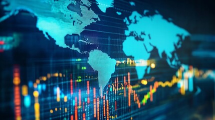 The combination of maps and financial data symbolizes the interconnectivity of the global economy and the mutual  influence of national markets
