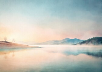 Fototapeta premium Minimalist Watercolor Summer Spring Landscape Painting, Artistic Nature Scene, Soft Pastel Colors