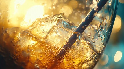 Close-up of iced beverage with bubbles and straw in sunlight