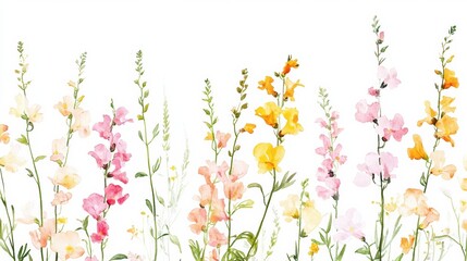 Watercolor Peach Pink Snapdragons and Golden Black-Eyed Susans Botanical Art with Pastel Pink and Yellow for Wall Decor Watercolor, Vector Design