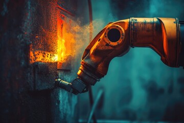 Naklejka premium Industrial robot arm welds hot metal, sparks fly, smoke billows, fiery scene.