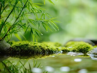 Fototapeta premium natural environment concept, a moss, and green bamboo as blurred background