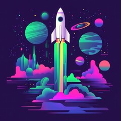 rocket soaring into space: planets, stars, and comets in a purple, green, and blue gradient color scheme, minimalistic and colorful design, perfect for posters, banners. Cosmonautics Day