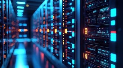 Data Center: Server Room with Futuristic Technology