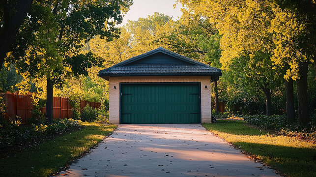 serene detached garage surrounded by lush greenery and vibrant trees, illuminated by warm sunlight. inviting atmosphere creates peaceful retreat in residential setting