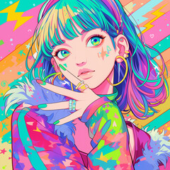 ファッションポートレート カラフルな女性イラスト サングラスとキャップ ポップアート風 クールなデザイン トレンディなアニメ風アート 商用利用可能