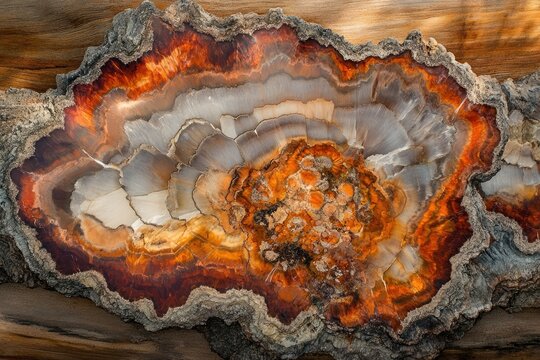 A mesmerizing cross-section of petrified wood reveals stunning orange, grey, and brown agate patterns.