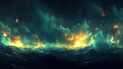 Obraz premium A stormy ocean scene beneath a starry night sky with clouds