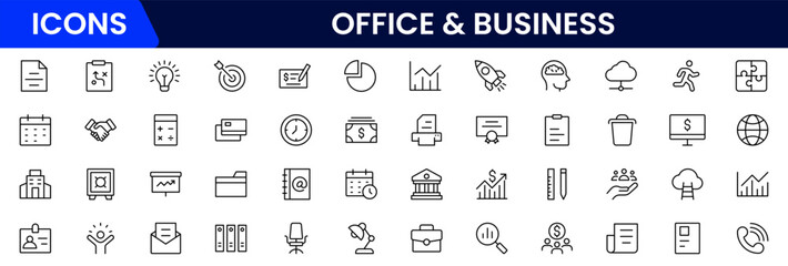 Office and Business line icons collection. Big UI icon set in a flat design. Thin outline icons pack. Vector illustration