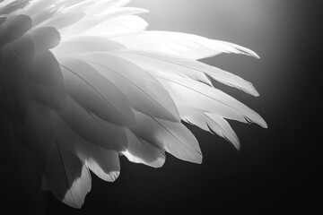 Fototapeta premium Close-up of delicate, white feathers backlit against a dark background, showcasing intricate textures and delicate lines.