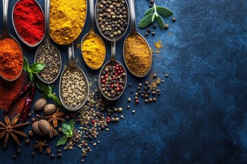 Colorful spices in spoons on dark background