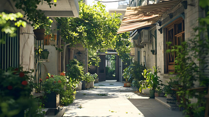 Sunlit Narrow Stone Alleyway Lined With Green Plants And White Buildings During Daytime