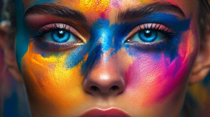 Woman showing colorful fantasy makeup and bright blue eyes