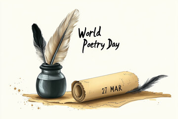 Celebration of World Poetry Day with quill, ink, and parchment on March 27 highlighting the beauty of written expression
