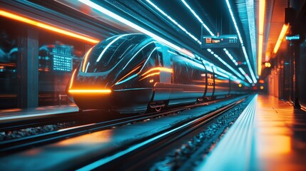 Fototapeta premium Futuristic High-Speed Train Arriving at Neon-Lit Station