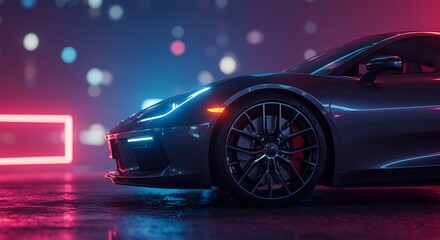 Pixel Art Sports Car at Night with Neon Lights
