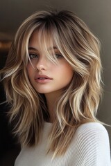 Naklejka premium Blonde woman with flowing hair in soft light, showcasing a fresh hairstyle for a casual day out