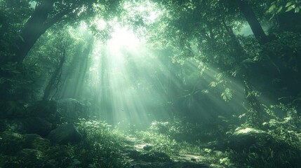 Sunbeams filtering through lush green forest