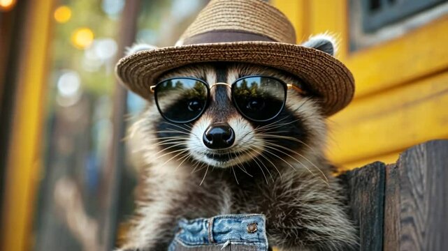 Stylish raccoon sporting sunglasses and a hat posing outdoors creating a whimsical and charming scene