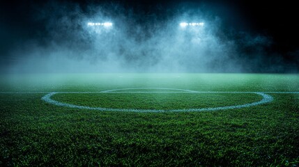 Obraz premium A soccer field with a foggy atmosphere and a blue and white line