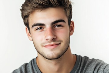 Fototapeta premium Young male smiling warmly while posing against a neutral background, capturing a moment of confidence and joy in a bright setting