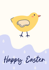 Happy Easter simple card with chicken. Design with text on beige and purple background. Happy Easter hand drawn card. Flat illustration with partial outline. Vector illustration.