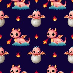 Children's seamless pattern, playful, bright design with adorable pink dragons and fire accents on a blue background.