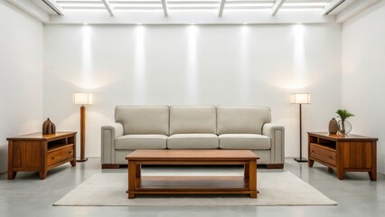 A modern minimalist living space featuring upcycled furniture for sustainable design.