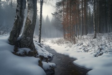 Naklejka premium Snow-covered forest stream flows through tranquil winter landscape under a thick fog in early morning light