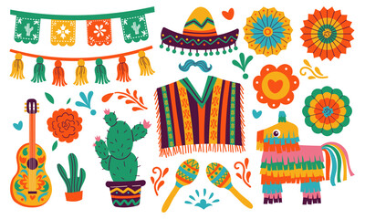 Cinco de Mayo, Mexican holiday, vector party elements pinatas, sombreros, a guitar, cactus and decoration isolate on white background for banner ,card or sticker design