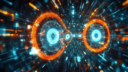 Abstract futuristic tunnel with glowing rings and particles.