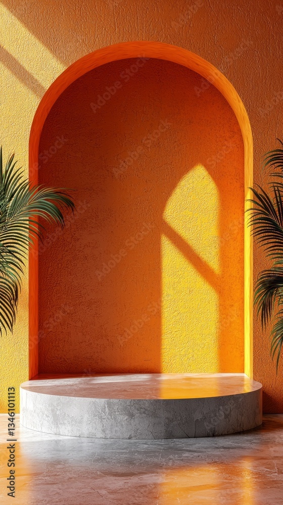 Poster Sunlight streams through an open archway, illuminating a round concrete platform. Surrounding lush green palm leaves enhance the bright yellow walls, creating a serene yet lively atmosphere