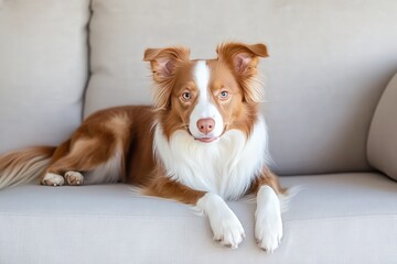 A black and white dog is comfortably laying on a blue couch