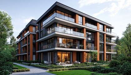 Fototapeta premium A modern residential building surrounded by lush green landscaping elements