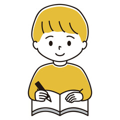 ノートを広げて鉛筆を持つ男の子のイラスト