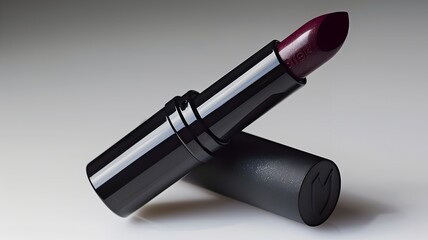 A captivating dark plum lipstick, rich in color and luxurious in its sleek black case, promises a bold and elegant statement.